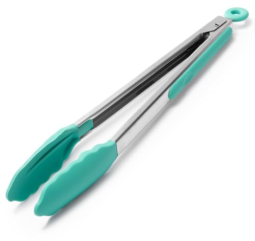 Doosu Silicone Kitchen Cooking Tong, 315℃ Heat Resistant, 30cm, Aqua Sky | Rubber Tipped for Air Fryer, Non Scratch with Locking, Non Slip Grip, Heavy Duty, Grilling Serving Frying Camping BBQ Steak
