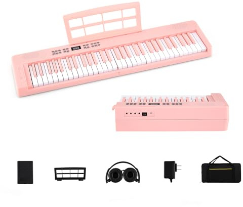KOMFOTTEU Digitales Klavier mit 61 Tasten faltbar, Keyboard Piano mit Kopfhörer, Pedal, Notenständer, Digitalpiano mit 128 Sounds & Rhythmen, Klavierkeyboard mit Tasche (Rosa)