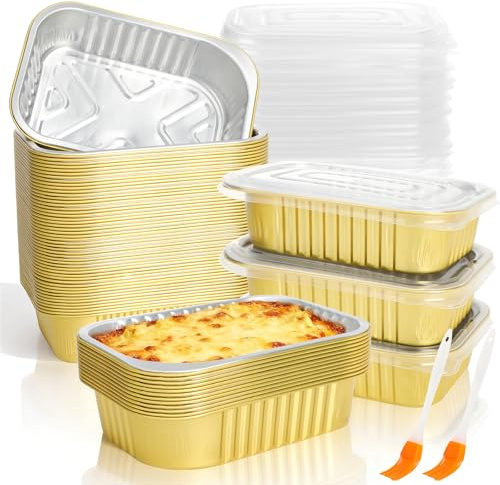 Nituaeu 50 Pcs Small Aluminum Pans Foil Trays with Lids, 500ml Foil Baking Tins Leftover Containers, Mini Loaf Pans for Baking