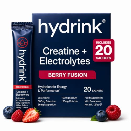 Hydrink Creatine Electrolytes Sachets, Berry Fusion, Vegan, Travel-Ready | 3g Micronised Creatine Sachets, Precision Electrolyte Blend, Berry Fusion Flavour, Vegan, Allergen-Free, Travel Stick Packs