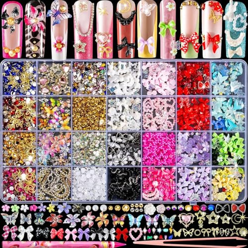 28 Couleurs Strass Nail Charms, Décor Ongles 3D Set avec Pince et Stylo, Décoration des Ongles - Fleurs, Noeuds, Papillons, Perles et Strass pour DIY Ongles Deco Nail Art