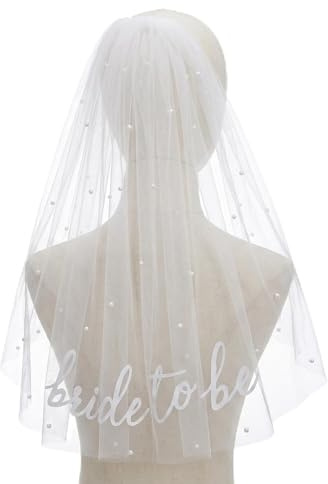 DiiWmme Brautschleier mit Perlen & 'bride to be' Stickerei, Kurzer Tüll Brautschleier mit Kamm, Elegant JGA Schleier Braut für Hochzeit, Bachelorette Party, Foto-Shooting Weiß