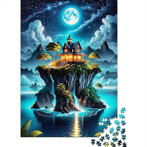 Casa en el Acantilado Puzzle de 1000 Piezas Papel Puzzle para Adultos Paisaje Nocturno a la Luz de la Luna Relajación Decoración Regalo Hogar 38x26cm/1000pcs