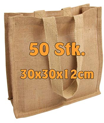 Cottonbagjoe 50 Stück Jutebeutel mit langen Henkeln – 30x30x12 cm – stabile Tragetaschen aus Jute für Einkauf, Events, Märkte, Hochzeiten, Geschenke & DIY