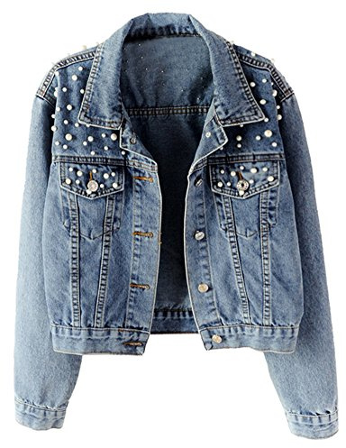 LifeShe Damen Perlenbestickte Denim-Jeansjacke, blau, S