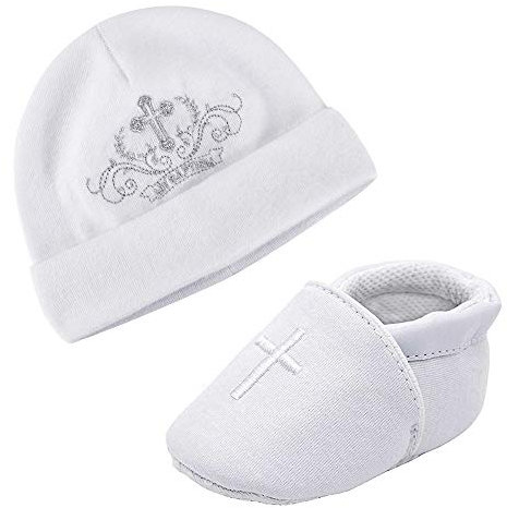 LACOFIA Chaussures de baptême bébé Filles antidérapantes à Semelle Souple et Bonnet brodés de bébé Naissance Blanc 6-12 Mois