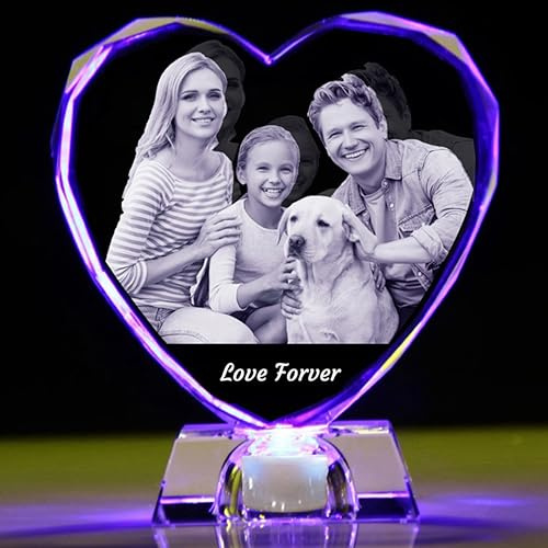 Photo en cristal 2D/3D personnalisée en verre - Souvenir en forme de cœur gravé avec votre propre image (anniversaire, mariage, fête des mères, fête des pères, Saint-Valentin, Noël)