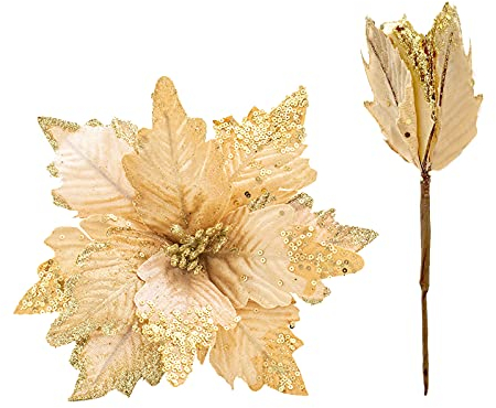 LEMCC 10 große Weihnachtsstern-Picker 25 cm künstliche goldene Weihnachtsblumen Glitter Weihnachtsstern Weihnachtsbaum Glitzer Blumen Dekorationen Ornamente für Weihnachtsbaum Kranz