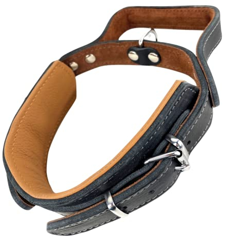 Hundehalsband mit Griff, Dickes qualitativ hochwertiges Leder 55cm x 60mm - Erziehungshalsband - Taktisches Hansband - bis zu 12cm verstellbar - weich gepolstert