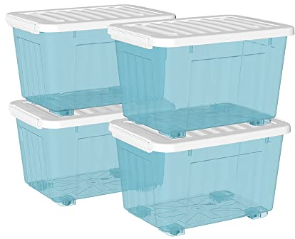 Cetomo 35L*4 Cajas de Almacenamiento con Tapas, Contenedores de Plástico con Ruedas, Clip On, Apilables, Encajables, Organizador Rayado para Oficina en Casa, Azul Claro, 35L-4 Pack