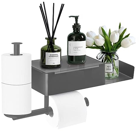 Klopapierhalter mit Ablage, Klopapierhalter mit Feuchttücherbox Edelstahl WC Rollenhalter, Toilettenpapierhalter ohne Bohren Selbstklebend für Bad und Küche mit 2 Ersatzrollenhaltern, Grau