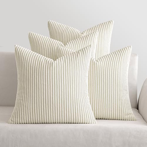 MIULEE Kissenbezug 50x50 4er Set Kordsamt Kissenhülle sofakissen Cream | Weiche Kissenhülle Dekorative Sofakissen Quadratische Dekokissen Zierkissenbezug Gestreifte Kissenbezüge für Wohnzimmer