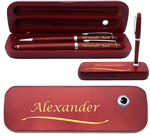 Juwelier Schönschmied Holz Schreibset mit Box | Box, Kugelschreiber und Füllfederhalter mit Wunschgravur | Holzbox mit Kugelschreiberständer | blau schreibend | (Linie)