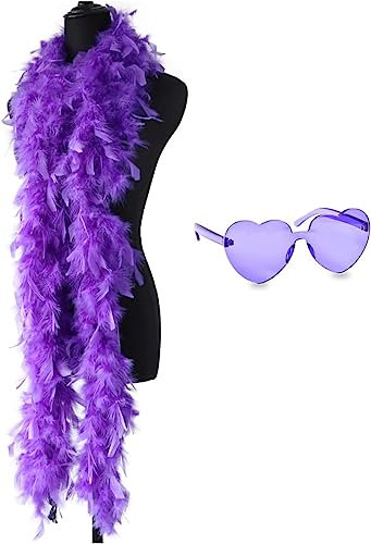 SpirWoRchlan Bunte Federboa, 2 m Federboa für Damen, für Tanz, Hochzeit, Party, Cosplay, Halloween, Junggesellinnenabschied, Kostümzubehör, mit Herz, randlose Sonnenbrille, Lila