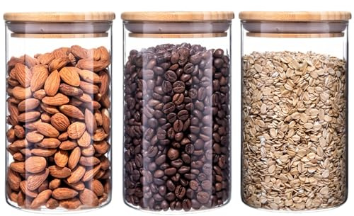 Eidoct Glass Storage Jars with Lids High Borosilicate Glass Clear Airtight Food Storage Container Jar with Sealing Lid, Tea, Coffee Beans, Flour, Candy, Cookie, Spice, Cereal (950ML-3Pcs)
