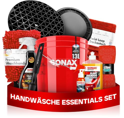 Auto Wascheimer Set 3,5GAL: Schmutzsieb & Deckel für die Auto Handwäsche | Mit Sonax Shampoo + Sonax Detailer + Sonax FelgenBeast - schonende Reinigung für Lack & Felgen - Auto waschen | 11-teilig