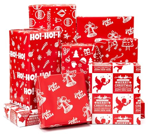 Toptime Geschenkpapier Weihnachten, 6 Blatt Rotes Geschenkpapier mit Engeln, Glocken und Weihnachtsbaummotiven, Weihnachtspapier zum Basteln, Geschenkverpackungen für Neujahr, Partys, 70x50cm