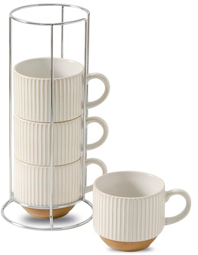Tikooere Ceramic Coffee Mugs with Stand,15 Oz Stackable Coffee Cups Set of 4 for Latte,Milk,Tea,Gift for Thanksgiving New Year Housewarming,Dishwasher & Microwave Safe,White Patchwork Color