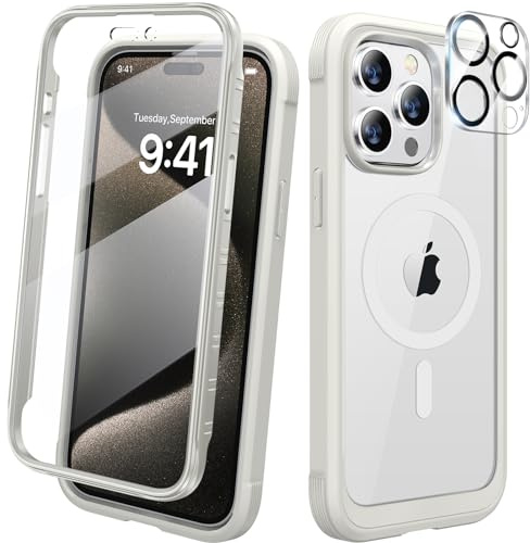 Diaclara Magnetic Designed for iPhone 15 Pro Max Case [Compatible with MagSafe], 360° Full Body Case with Screen Protector + Camera Lens Protector for iPhone 15 Pro Max 6.7 (White)