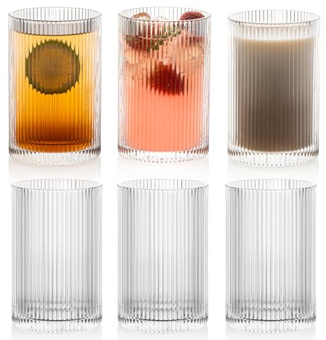 POLIDREAM Geriffelte Gläser 6er Set, 500ML Longdrinkgläser Set, Origami-Stil Glasbecher, Glasses Set ideal für Cocktails umd Kaffee Gläser, Wassergläser für Familie, Camping, Party, Bar