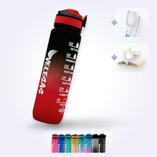 Velesas® 1l Wasserflasche mit motivierender Zeitmarkierung | Trinkflasche aus Tritan mit Strohhalm | Sportflasche für Schule, Job, Fitnessstudio, Büro, Fahhrad, Wandern | BPA-Frei | Rot/Schwarz