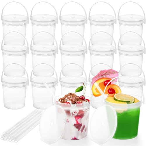 Yopay 15 Pack Plastic Rum Buckets, 900ml/32oz Cocktail Buckets Reusable Smoothie Bucket with Lid and Straw, 1Liter Large Ice Cream Pails for Football Parties Bar