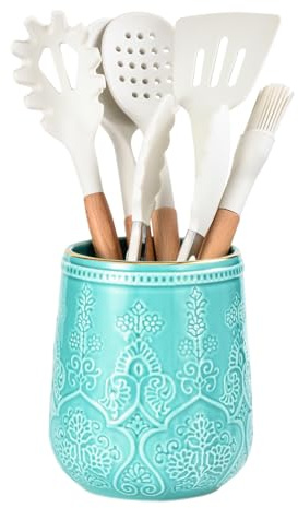 Lunaicorn Utensil Holder, Large Utensil Holder for Kitchen Counter, 6.5”Ceramic Cooking Utensil Organizer, Kitchen Decor for Counter (Turquoise)