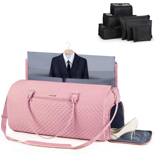Lekeinchi 2 in 1 Kleidersack Reisetasche Damen, Großer Faltbare Reisetaschen Weekender mit 6 Packwürfeln & Schuhfach, Flugzeug Sporttasche Travel Bag Handgepäck Tasche für Weekend, Reise, Gym-Rosa