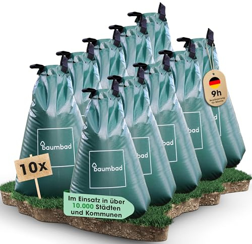 baumbad | 10 Baumbeutel Bewässerungsbeutel für Bäume | langzeit Bewässerungssystem | robuster 75 Liter Wassersack/Bewässerungssack, aus UV beständigem PVC, Pflanzenunterstützung für heiße Sommer