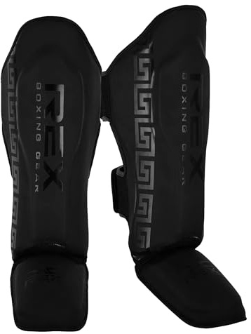 Rex Sports Endurance Shin Guard Instep for Kickboxing, MMA fighting pads, kickboxing shinpads, Muay Thai Leg pads, Rexene Leather Boxing protection for legs (MATT BLACK, Large)