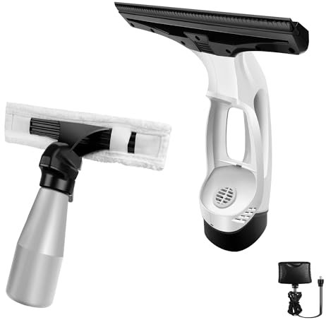 Fenstersauger-Set mit 34cm Griff, Fensterreinigungsset mit bis zu 35 Minuten Leistung, Eektrischer Fensterreiniger, 150ml Wassertank, 300ml Sprühflasche mit Mikrofasertuch