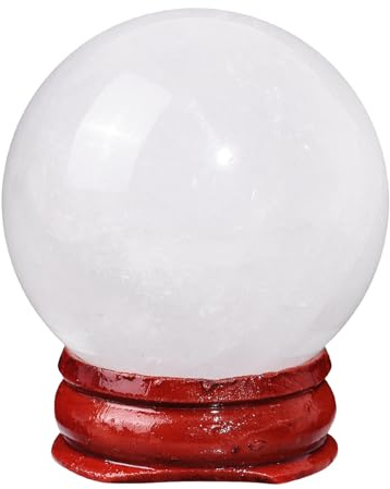 Nupuyai Bola de cristal de roca natural con soporte de madera, escultura de esfera de piedra de cristal Feng Shui, decoración del hogar, oficina, meditación, bola de cristal, 40-45 mm