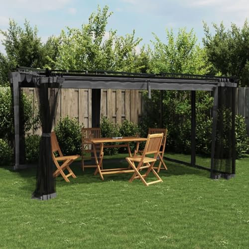 Amorsee Pérgola de Jardín con Techo y Malla, Pérgola de Aluminio 4x3 m, Cenador de Jardín con Techo Retráctil, Poliéster Resistente al Agua y a UV para Patio Terraza Exterior Antracita