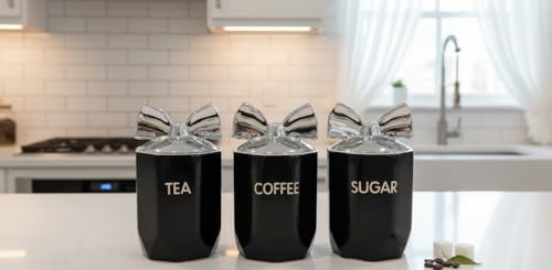 Biznest Set Of 3 Jars Silver Bow Lid Kitchen Canister Jar For Tea Coffee Sugar Storage Pots Marble Effect Home Decor Dining Table Eye-Catching Glamorous Design (Black)