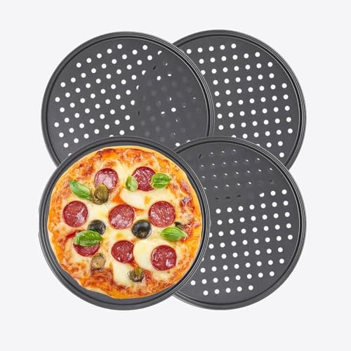 MUVELL Pizzableche 4 Stück - Ø 28 cm rund | gelochtes Pizzabackblech | Backblech für Pizza, Flammkuchen, Lahmacun und Pommes | langlebig, leicht, stapelbar