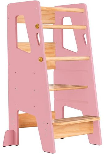OCODILE Toddler Standing Tower - Adjustable Height Toddler Kitchen Stool Helper - Ideal Kids Kitchen Step Stool for Learning New Skills - Updated Design with Safety Feet - Pink