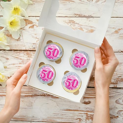 22 x Precut 50th Happy Birthday Pink Cupcake Topper | Edible Wafer Paper, Cake Decoration