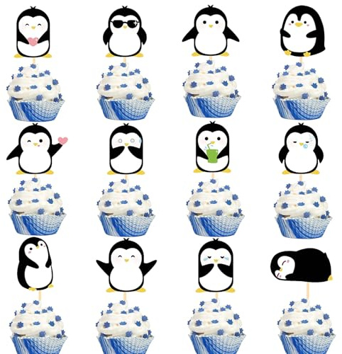 Silars Pinguin Cupcake Topper, 24 Stücke Tortendeko Pinguin Deko Geburtstag Jungen Mädchen, Pinguin Tortenaufleger für Cupcake DIY Deko für Tiermotiv, Babyparty, Geburtstag, Party