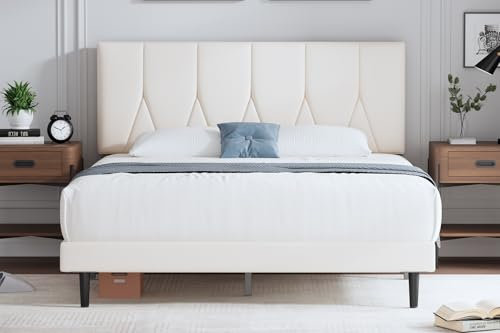 Yocreat Polsterbett 90 x 200 cm Bettgestell Doppelbett Bettrahmen mit Kopfteil, Stoffbett mit Lattenrost, Einfache Montage, Beige