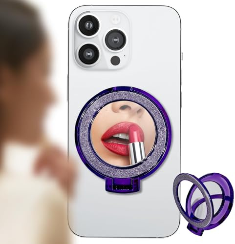 MOUJUCHI Anneau de support pour téléphone portable, miroir diamant, prend en charge le chargement magnétique, angles réglables, garde toujours votre beauté au point (violet)