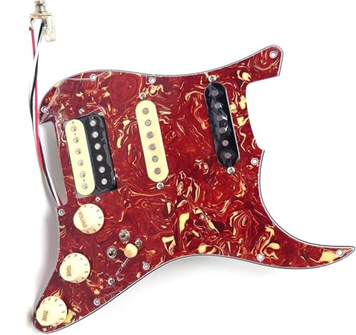 SSH Guitar Prewired Loaded Strar Pickguard with Alnico 5 Humbucker Pickups, Coil Splitting, 3-lagig Pick Guard for USA/Mexico Fender Stratocaster Electric Guitar Replacement Parts (Red Tortoise)