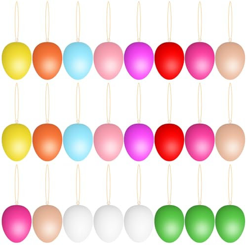 Auirshiky 24 huevos colgantes coloridos de Pascua, huevos de colores de 6 cm, huevos de plástico de colores de Pascua, para decoración de árboles de Pascua y decoración colgante de interior al aire