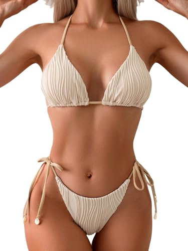 GORGLITTER Damen Bikini Set Triangle Badeanzug Zweiteiler Bikini-Set Brazilian Rückenfrei Bademode Neckholder Strandanzug Swimsuiti Set mit Knoten Beige M