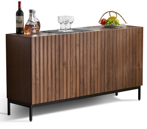 DRIXNO Eiche Dunkel Gemasert, Sideboard 150x40x80cm, 3 Türen, Welliges 3D-Design, Verstellbare Einlegeböden, Kippsicherung-stilvolle Aufbewahrung für Wohnzimmer, Esszimmer,Bür