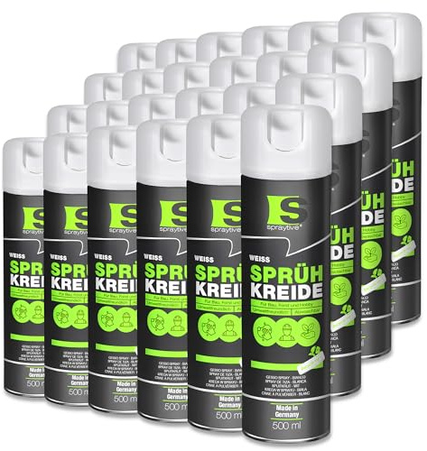 Spraytive Set di 24 spray di gesso bianco spray da 500 ml – Vernice a gesso luminosa lavabile per esterni, marcatura del suolo, spray di marcatura temporanea per asfalto, erba, cemento