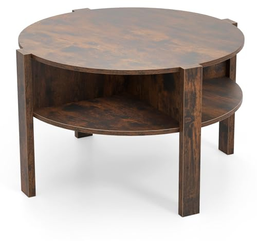 LIFEZEAL Tavolino Salotto Rotondo a 2 Ripiani con 4 Scomparti Aperti, in Legno, Tavolino da Caffè, Divano, Tavolo Soggiorno, Industriale, Salvaspazio, Semplice, Ø74,5x45,5cm, Max 100kg, Marrone