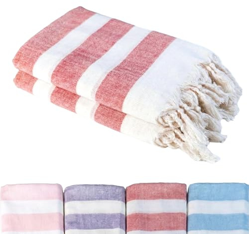 Loomvia - 2er-Set - 90x180 cm - Dünn & transparent - seidig weiches Pestemal für Damen - Bambus & Baumwolle - farbecht und langlebig Dank gewebter Streifen - Dekoratives Geschenk Hamamtuch - Rot