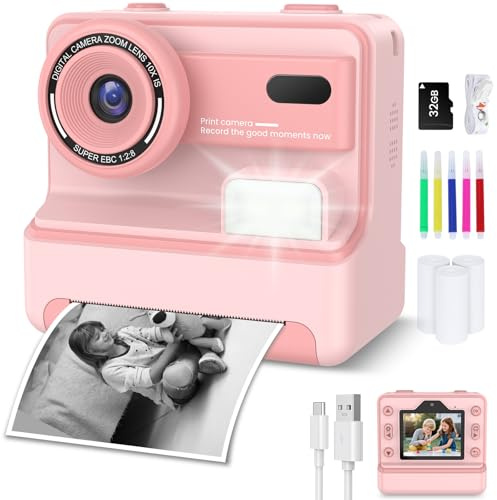 VSTKEN Appareil Photo Instantané Enfants, 48MP, 2.4 Écran,Zoom 10X,avec 32G SD&3 Rouleaux de Papier Thermique,1080P Caméra Enfant,Cadeaux pour Garçons & Filles de 3 à 12 Ans (Rose)