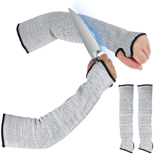2 Paar Schnittfeste Ärmel mit Daumenloch, 45cm Schnittschutz Armschutz 5 Sicherheitsschutz Atmungsaktiv Komfortabel Arm Sleeve Schnittschutz für Reparatur Schweißen Mechanische Gartenküchenarbeit