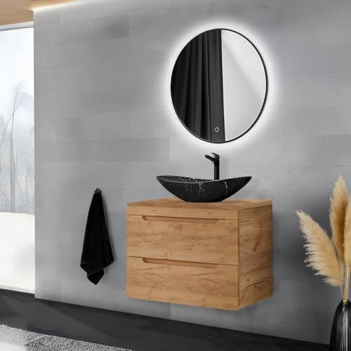 Lomadox Waschplatz-Set 2-teilig mit Waschtisch 80 cm Keramik Aufsatzwaschbecken LED-Spiegel rund in Wotan Eiche modern